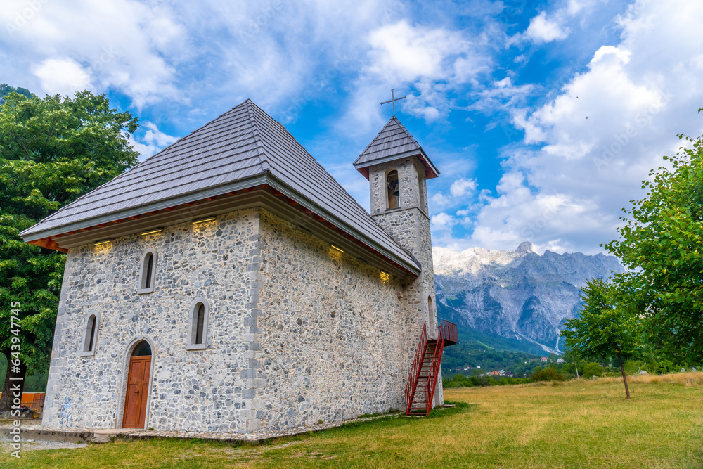 The Catholic Church in the valley of Theth National Park, Albania. albanian alps