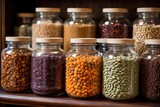 close-up of heritage seeds in glass jars on shelves