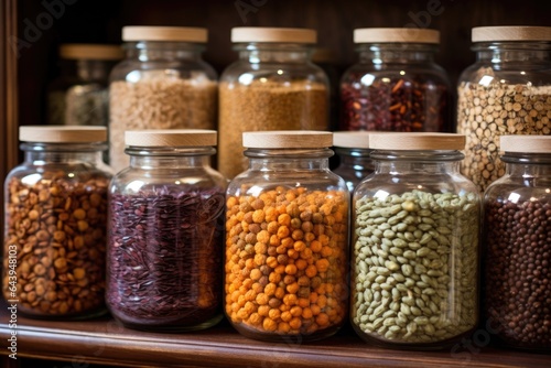close-up of heritage seeds in glass jars on shelves