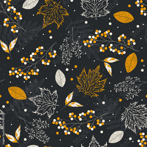 Vector autumn seamless pattern with fall leaves and berries. Yellow and white colors. Fall endless background