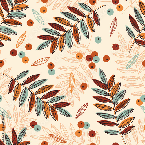 Autumn rowanberry seamless pattern. Season fall repeat design seamless pattern tile, fabric swatch, wrapping paper print. 