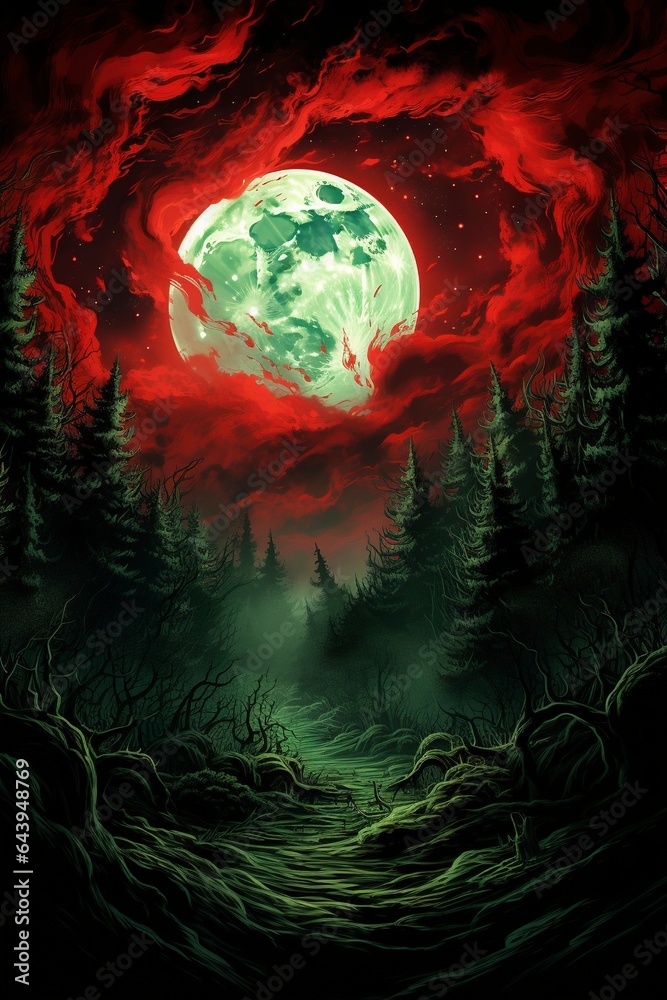 halloween background landscape with moon with red green hues and creepy trees