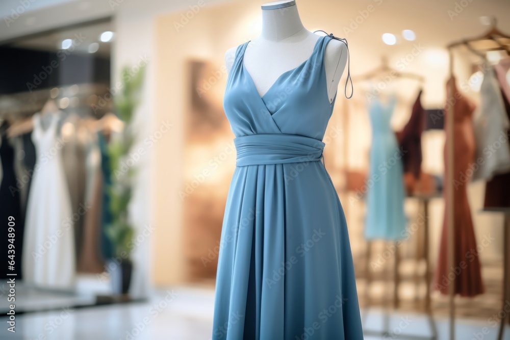 Naklejka premium Elegant blue dress on mannequin showcasing modern fashion trends in boutique setting, generative ai.