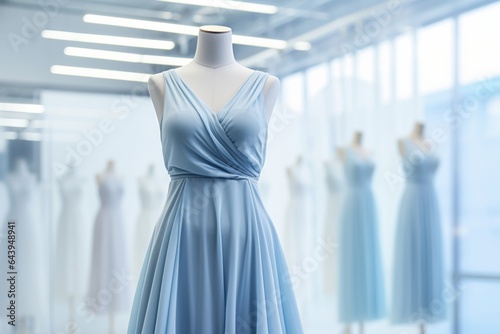 Elegant blue dress on mannequin showcasing modern fashion trends in boutique setting, generative ai. © Phanida