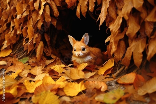 rabbit digging hole under autumn leaves