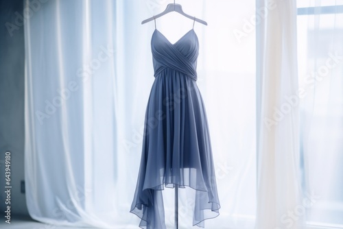 Elegant blue dress on mannequin showcasing modern fashion trends in boutique setting, generative ai.