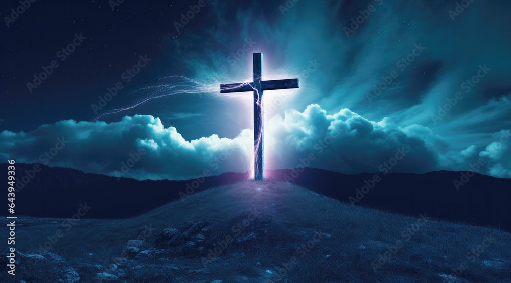 Conceptual image of cross on top of hill against sky background