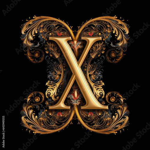 A letter X with gold leaves and flowers on a black background