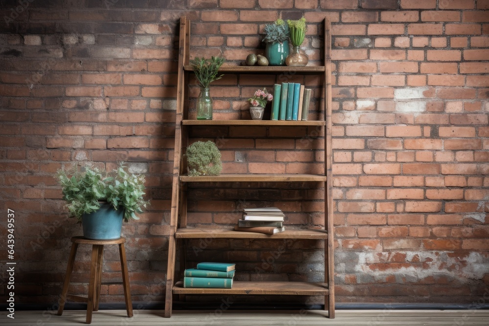 rustic ladder bookshelf against a brick wall rustic ladder bookshelf against a brick wall