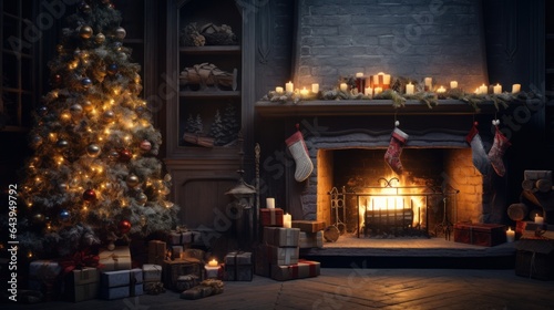 Interior of luxury classic living room with Christmas decor and magic atmosphere. Blazing fireplace, garlands and burning candles, elegant Christmas tree, gift boxes. Christmas celebration concept.