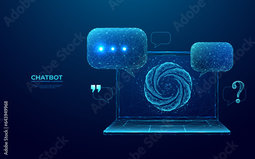Chat bot abstract logo on a laptop screen and speech bubbles, question marks, and quote icons. Digital chatting artificial intelligence concept on technology blue background. Low poly wireframe vector