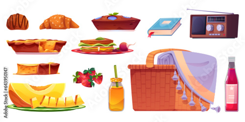Wicker basket with blanket and food and drinks for picnic in park. Cartoon ready-to-eat food and accessories for outdoor lunch - sandwich and pie, melon and strawberry, bottle juice, book and radio.