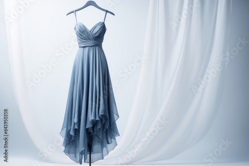 Elegant blue dress on mannequin showcasing modern fashion trends in boutique setting, generative ai.