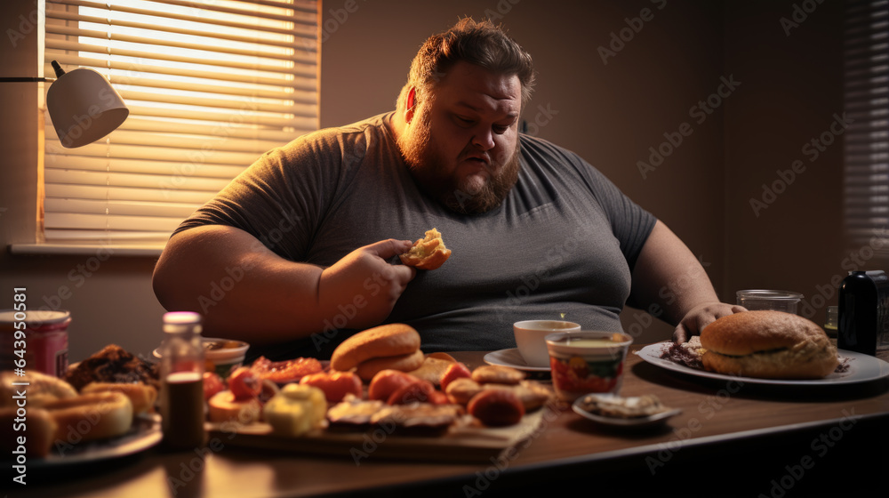 Obese man sits in front of a pile of food Obese man sits in front of a pile of food