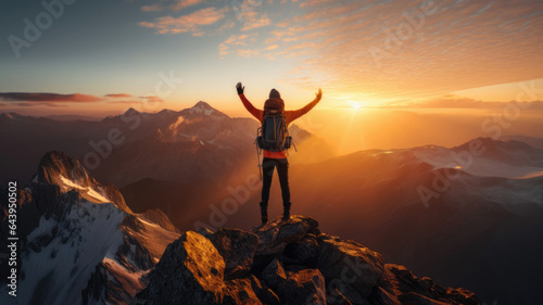 Man with arms up on the top of the mountain - Hiker on the cliff raising hands to the sky. © MP Studio