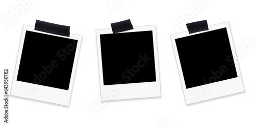 Set of photo frames mockup hanging by black adhesive tapes with shadows. Photo polaroid template, White border on a transparent background