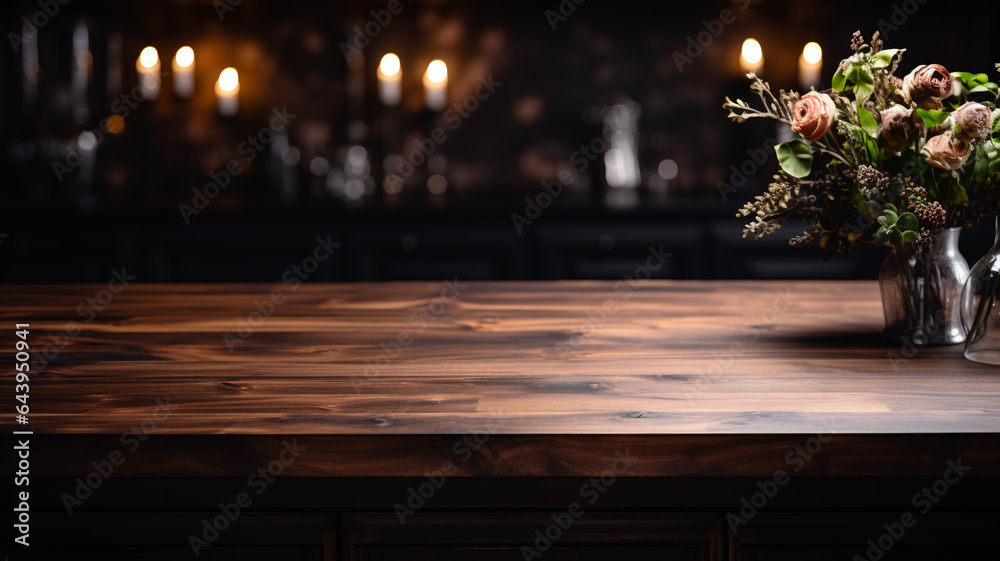 Dark bar restaurant wooden table empty product placement montage free space with flowers vase bouquet.