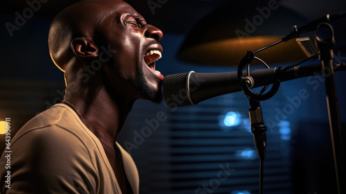 Young man singing against a dark background with dimmed lights