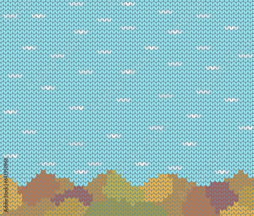 Knitted texture with autumn landscape, autumn knitted background.