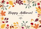 Beautiful autumn card with autumn leaves, berries, branches. Beautiful autumn invitation.