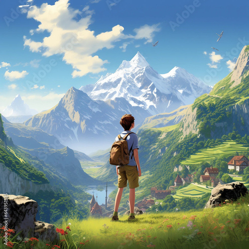A Boy Standing Atop a Hill Overlooking a Village