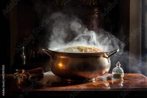 soup pot on stove with rising steam