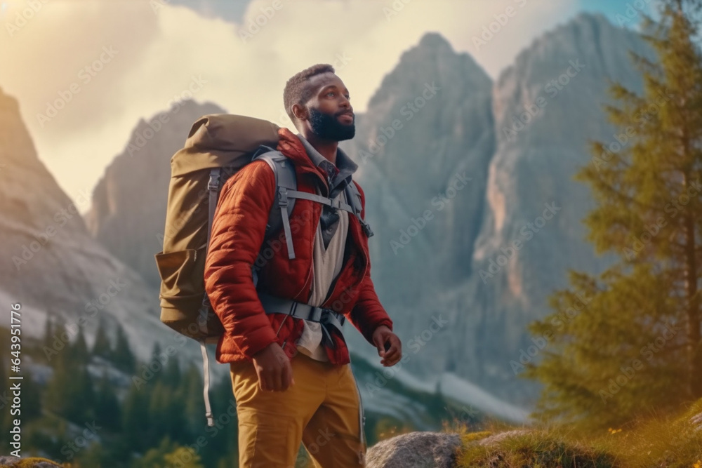 Man with packpack walking in mountains in summer time