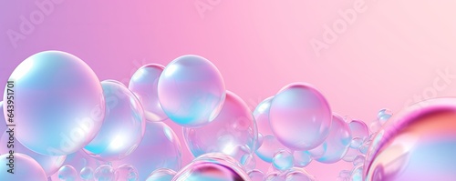 3d render, abstract pastel pink blue background with iridescent magical air bubbles, wallpaper with glass balls or water drops, Generative AI
