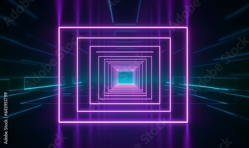 looped 3d animation, neon tunnel with rotating square frames. Abstract cycled background, Generative AI