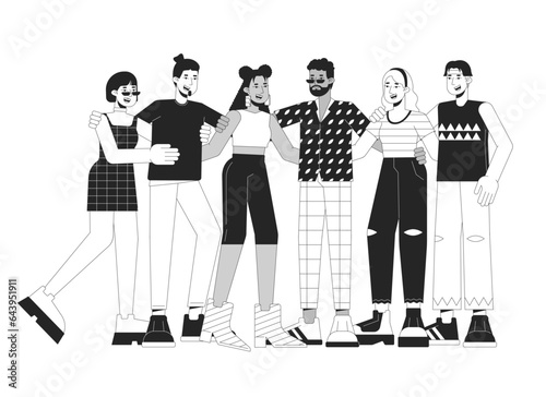 DIverse community bw concept vector spot illustration. Multinational friendly people. 2D cartoon flat line monochromatic characters on white for web UI design. Editable isolated outline hero image