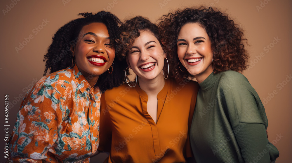 Multi Ethnic Group of Womans with diffrent types of skin together against beige background.