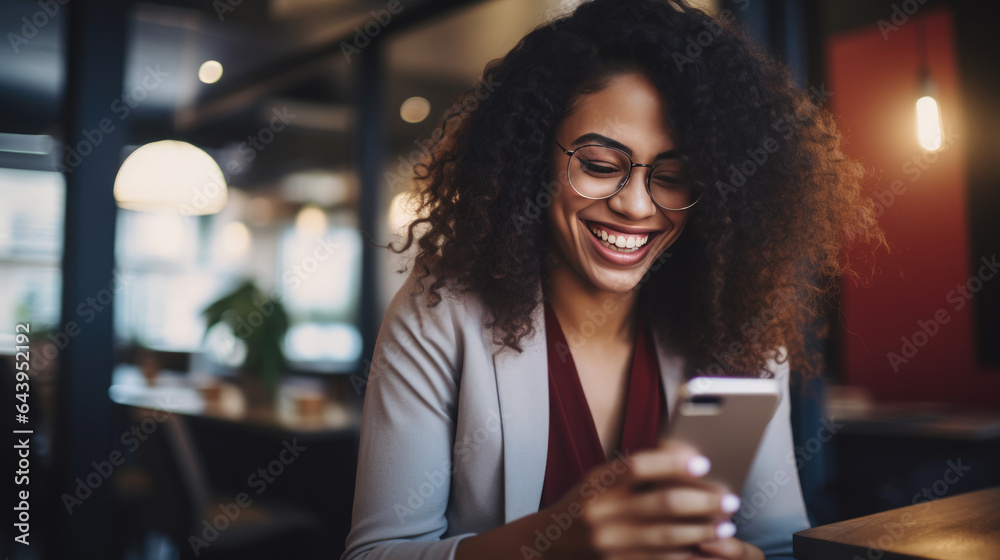 Woman using her phone at work in the office. Woman using her phone at work in the office.