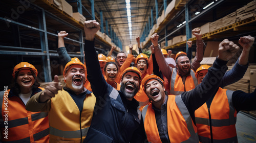 Joyful team smiles against the backdrop of a warehouse © MP Studio