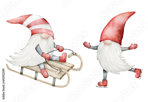 Set of Nordic traditional gnomes in a red hat skating and sledding. Funny New Year and Christmas Scandinavian Troll, dwarf. Hand drawn watercolor illustration for souvenirs, greeting card, sticker