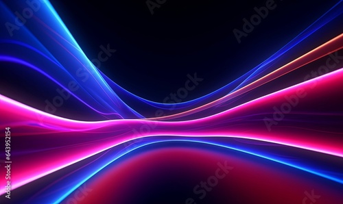 3d render. Abstract futuristic neon background. Red pink blue rounded lines, glowing in the dark. Ultraviolet spectrum. Cyber space. Minimalist, Generative AI