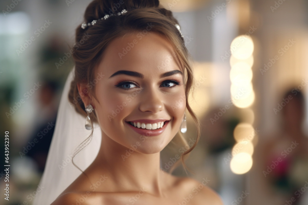Portraint of bride in dress and makeup in wedding day