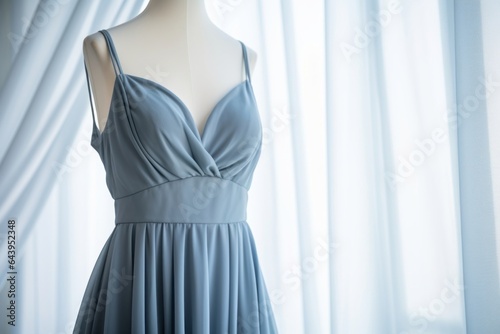 Elegant blue dress on mannequin showcasing modern fashion trends in boutique setting, generative ai.