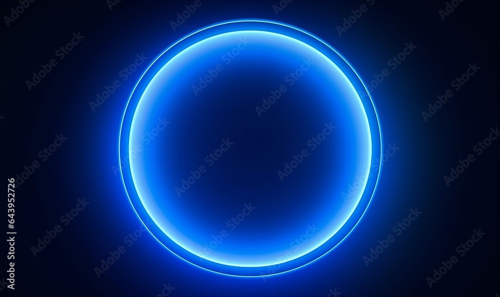 3d render, abstract simple blue background with glowing ring illuminated with the neon light. Geometric shape, blank round frame, Generative AI - obrazy, fototapety, plakaty 
