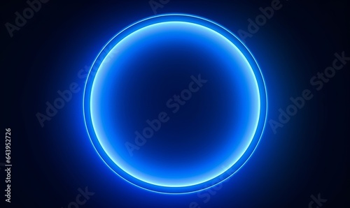 3d render, abstract simple blue background with glowing ring illuminated with the neon light. Geometric shape, blank round frame, Generative AI photo