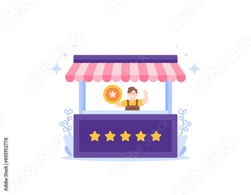 Small Medium Enterprise or SME. reviews and ratings. a man is at a shop stand. retail business, shop, Franchise. five stars. service for customers. illustration concept design. vector elements. white 
