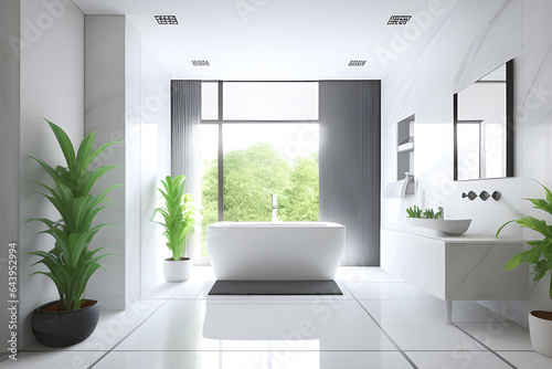 Modern luxury bathroom  white marble walls  bathtub  concrete floor  indoor plants  front view. Beautiful room with modern furniture and window. 3d rendering