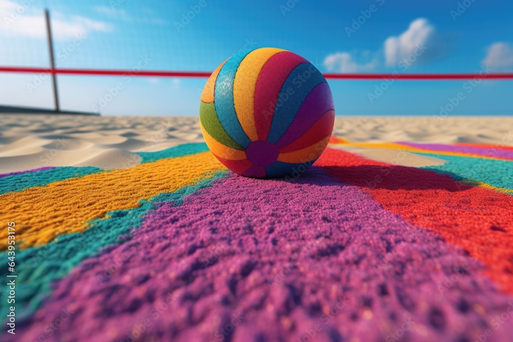 colorful beach volleyball lying on empty court