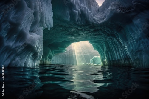 sunrays penetrating deep through iceberg crevices
