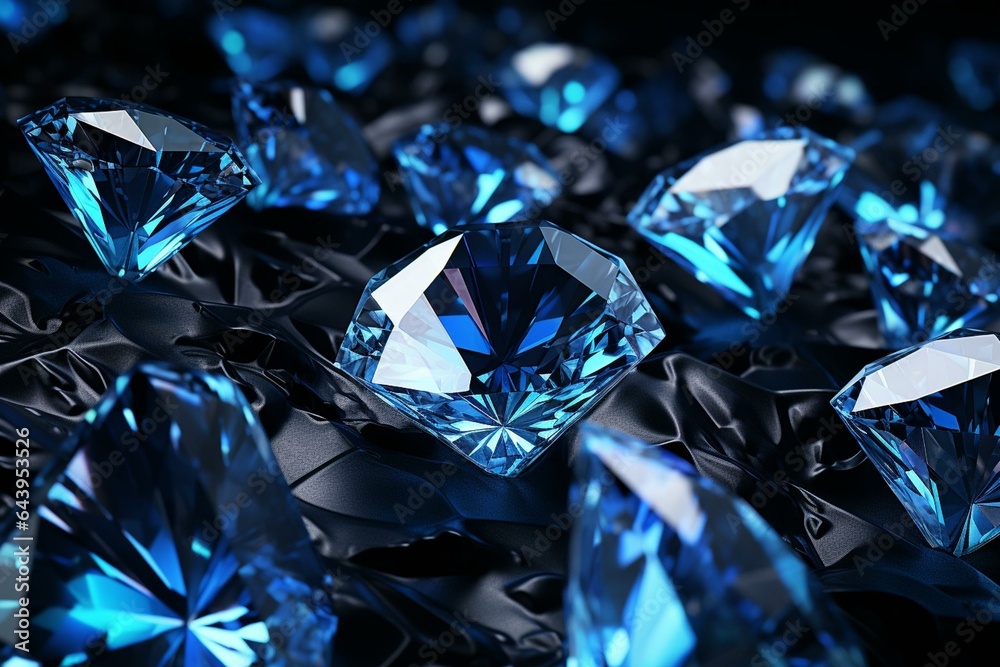 Black background featuring blue diamonds in a 3D illustration. Generative AI - obrazy, fototapety, plakaty 