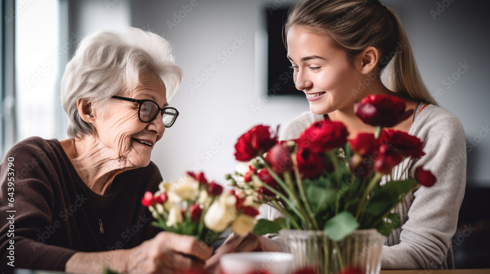 Granddaughter gives grandmother a bouquet of flowers for her birthday in honor of March 8 Granddaughter gives grandmother a bouquet of flowers for her birthday in honor of March 8