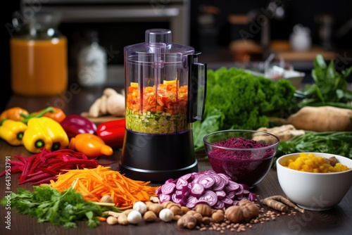 colorful salad ingredients beside a food processor