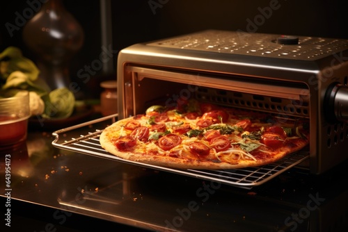 steaming hot pizza slice being pulled from toaster oven
