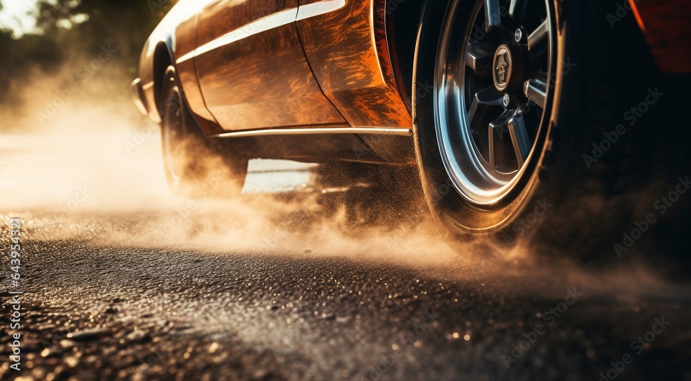 car driving on the road, close-up of a sports car doing burnout on the street, car doing burnout, close-up of car - obrazy, fototapety, plakaty 