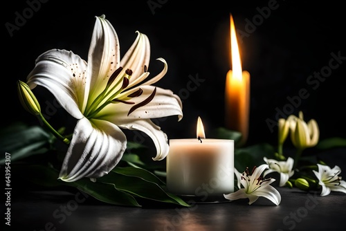 Beautiful lily and a burning candle with room for text on a dark backdrop. white flowers for funerals