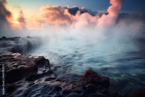 steam rising from lava lake as it meets the ocean
